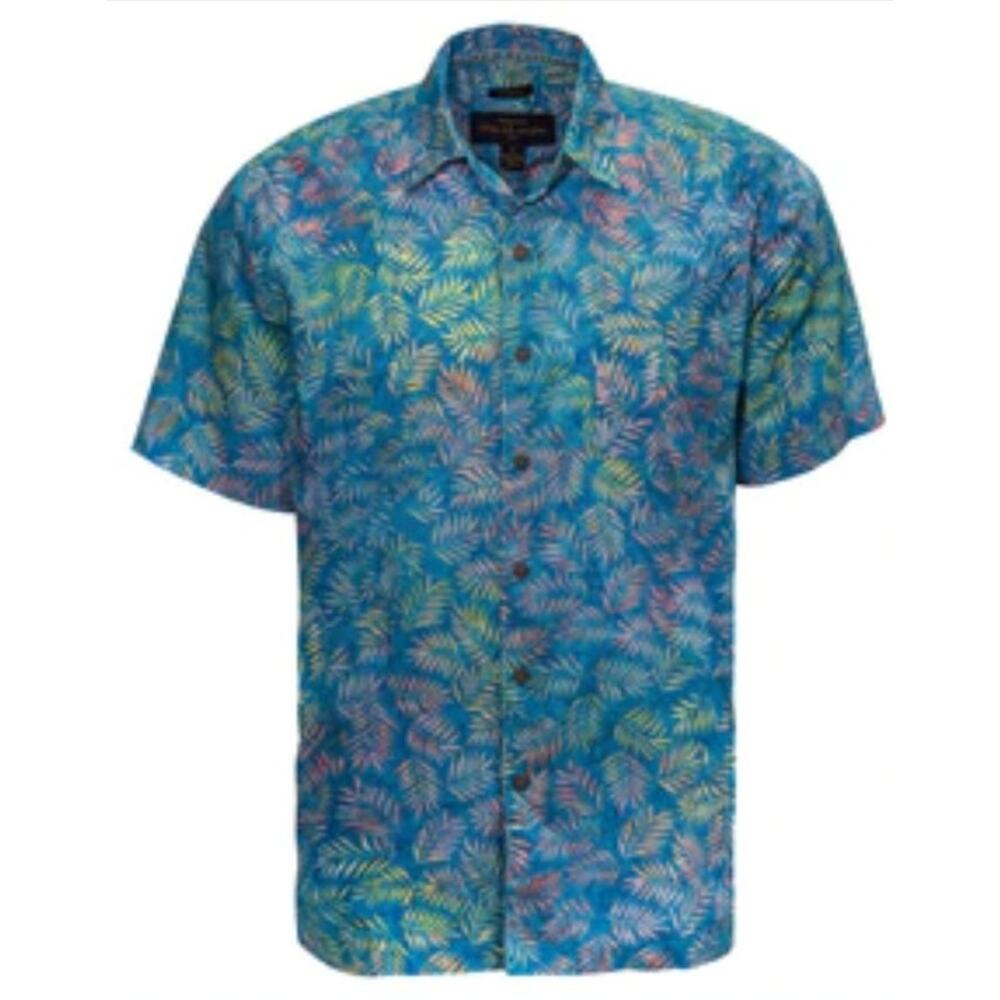 Pete‎ Huntington Men's Blue Tropical Print Button Up Short Sleeve Shirt. Size L